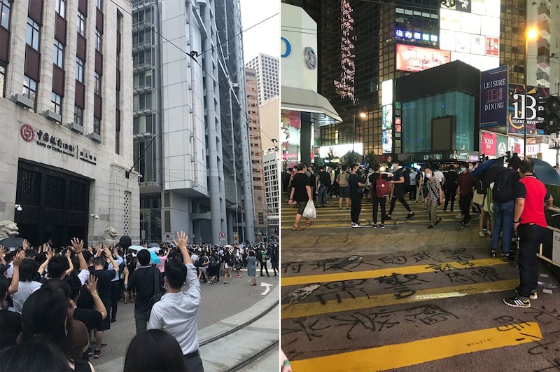 左图:Amy从台湾到香港参与反送中运动,十天走遍各个不同的抗争现场做亲身见证。右图:Amy形容香港反送中运动的气氛肃杀,与台湾的示威游行很不同。(受访者提供)