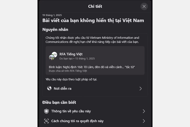 Facebook’s announcement about RFA’s post being unavailable in Vietnam, per the Vietnamese government’s request.