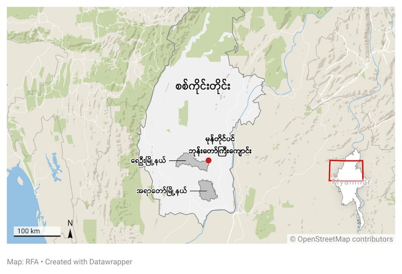 ရေဦးမြို့နယ် မုန်တိုင်ပင်ရွာ ဘုန်းတော်ကြီးကျောင်း တည်နေရာပြမြေပုံ။