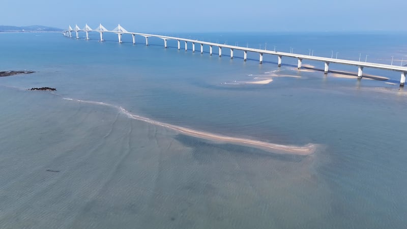 各种海上工程改变流场、漂沙传输，金门大桥下沙洲逐渐长大中。