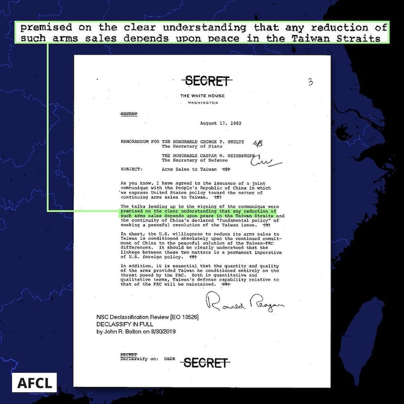 里根总统发给国务卿舒兹与国防部长温柏格的备忘录。图片来源:里根图书馆网站