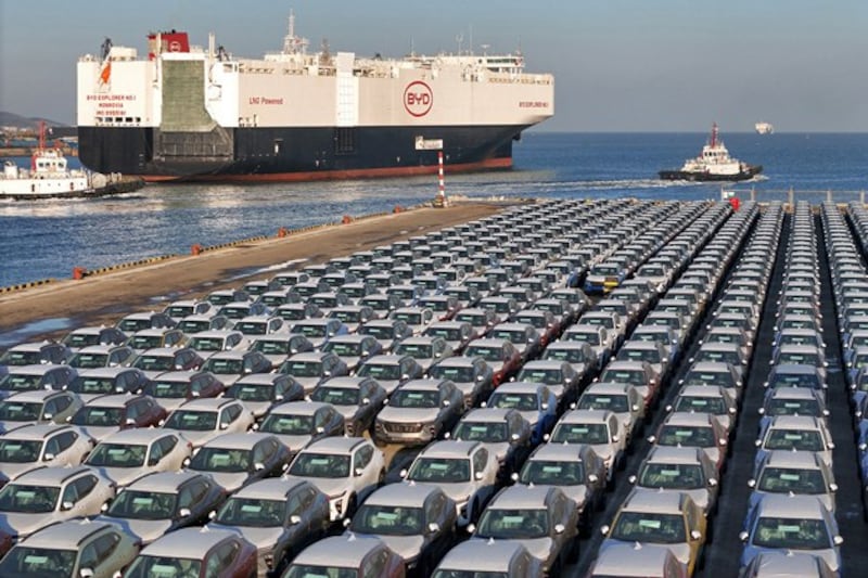Electric cars for export wait to be loaded on the BYD Explorer No. 1, a domestically manufactured vessel intended to export Chinese automobiles, at Yantai port in eastern China's Shandong province, Jan. 10, 2024. (AFP)