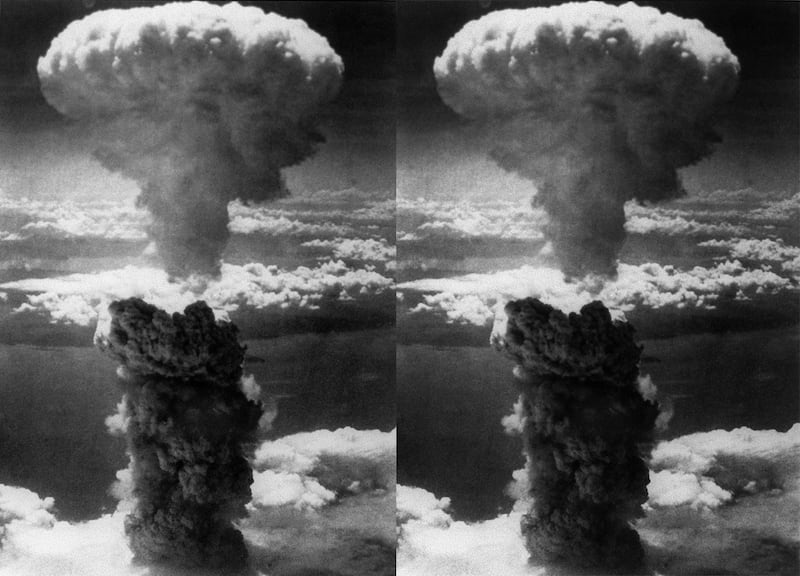 美国第二颗原子弹于 1945 年 8 月 9 日在长崎爆炸的照片。(档案照、法新社)