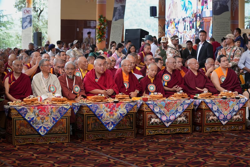 Tibetan Buddhist leaders are seated during celebrations on the 90th birthday of the Dalai Lama at the Main Temple in Dharamsala, India, July 6, 2025.