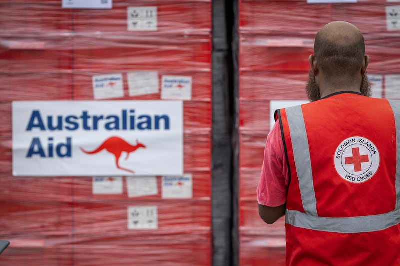 The Solomon Islands Red Cross receives an Australian Aid shipment delivered for the Pacific Games in Honiara, Nov. 4, 2023.